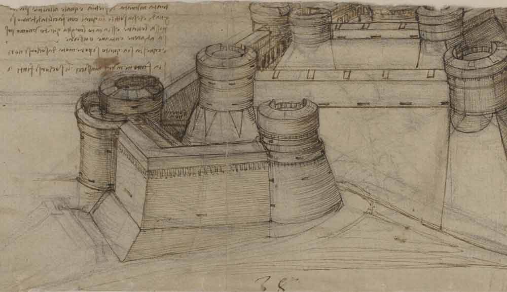 正方形要塞の研究（1507年 レオナルド・ダ・ヴィンチ『アトランティコ手稿』第117紙葉表）