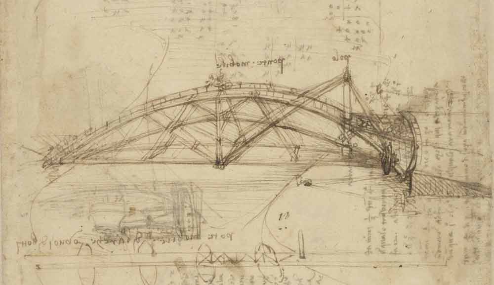 移動する橋（1487～90年頃 レオナルド・ダ・ヴィンチ『アトランティコ手稿』第855紙葉表）