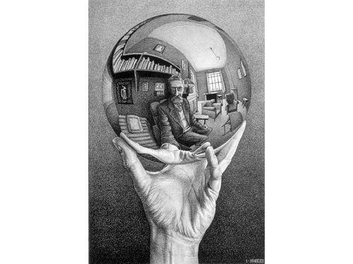 M.C.エッシャー、「Hand with Reflecting Sphere（写像球体を持つ手）」