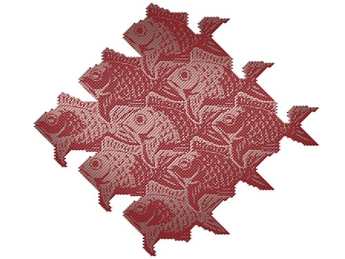 M.C.エッシャー、R.ハッセル、「Fish Scales III(魚のうろこIII)」、つや消しアルミニウムに黒、赤、金で着色