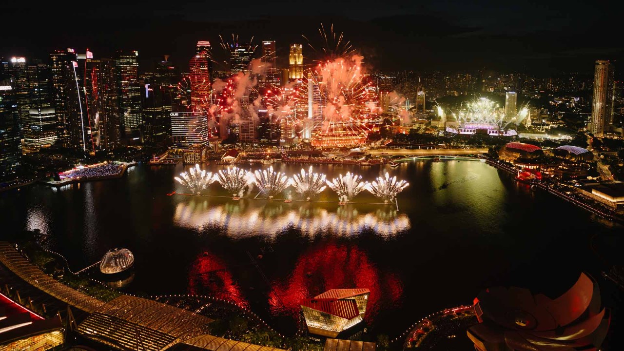 Fireworks display for the National Day celebrations around Marina Bay