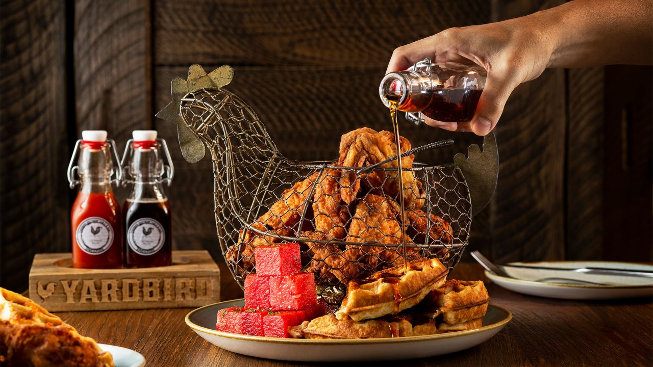 Fried chicken with waffles and watermelon at Yardbird, a casual dining spot in Singapore